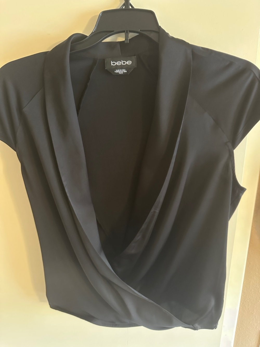 bebe Black Draped Surplice Cap-Sleeve Camisole